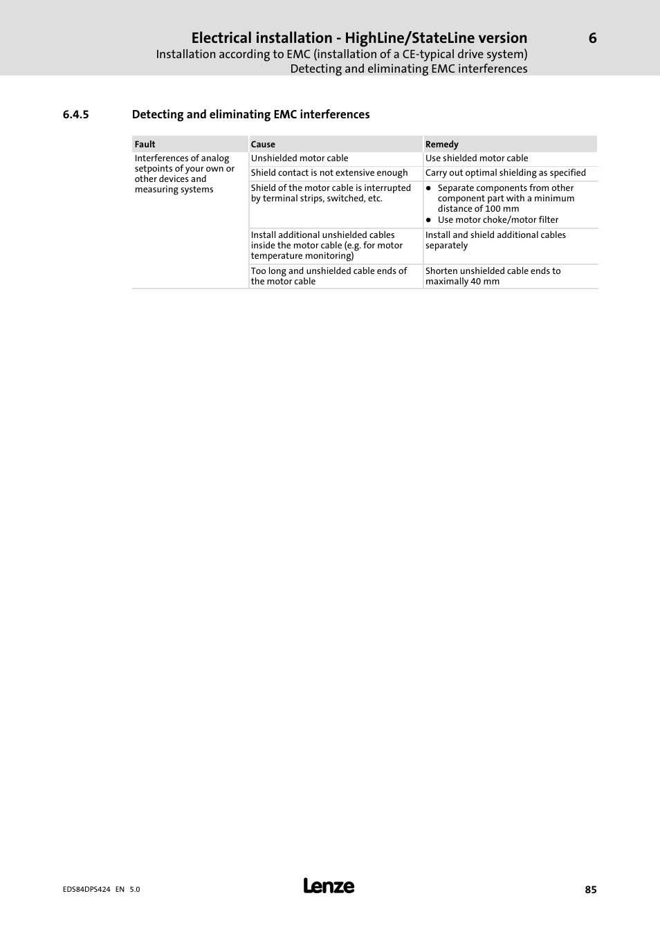 Detecting and eliminating emc interferences | Lenze 8400 protec Manual User Manual | Page 85 / 198
