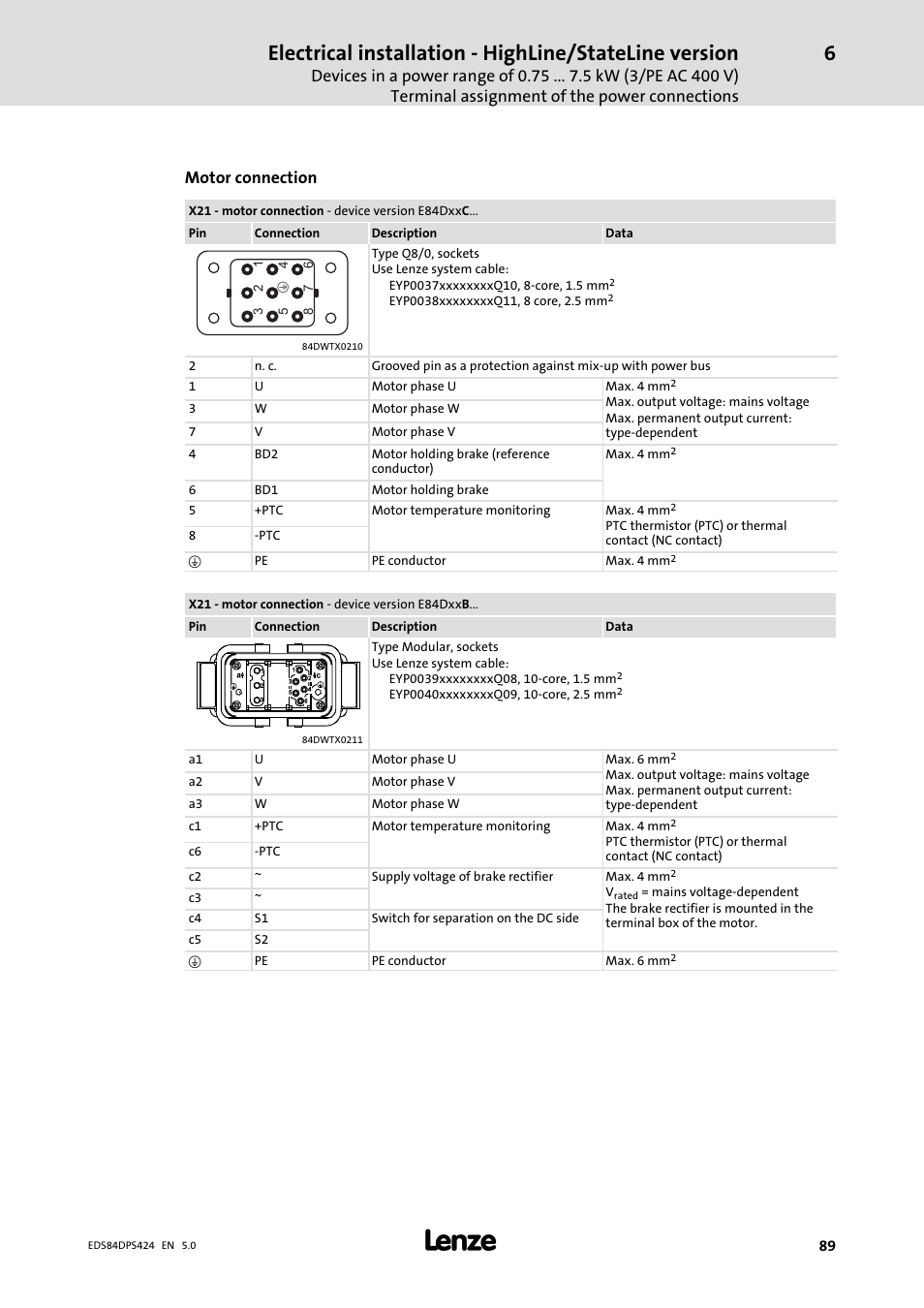 Motor connection | Lenze 8400 protec Manual User Manual | Page 89 / 198