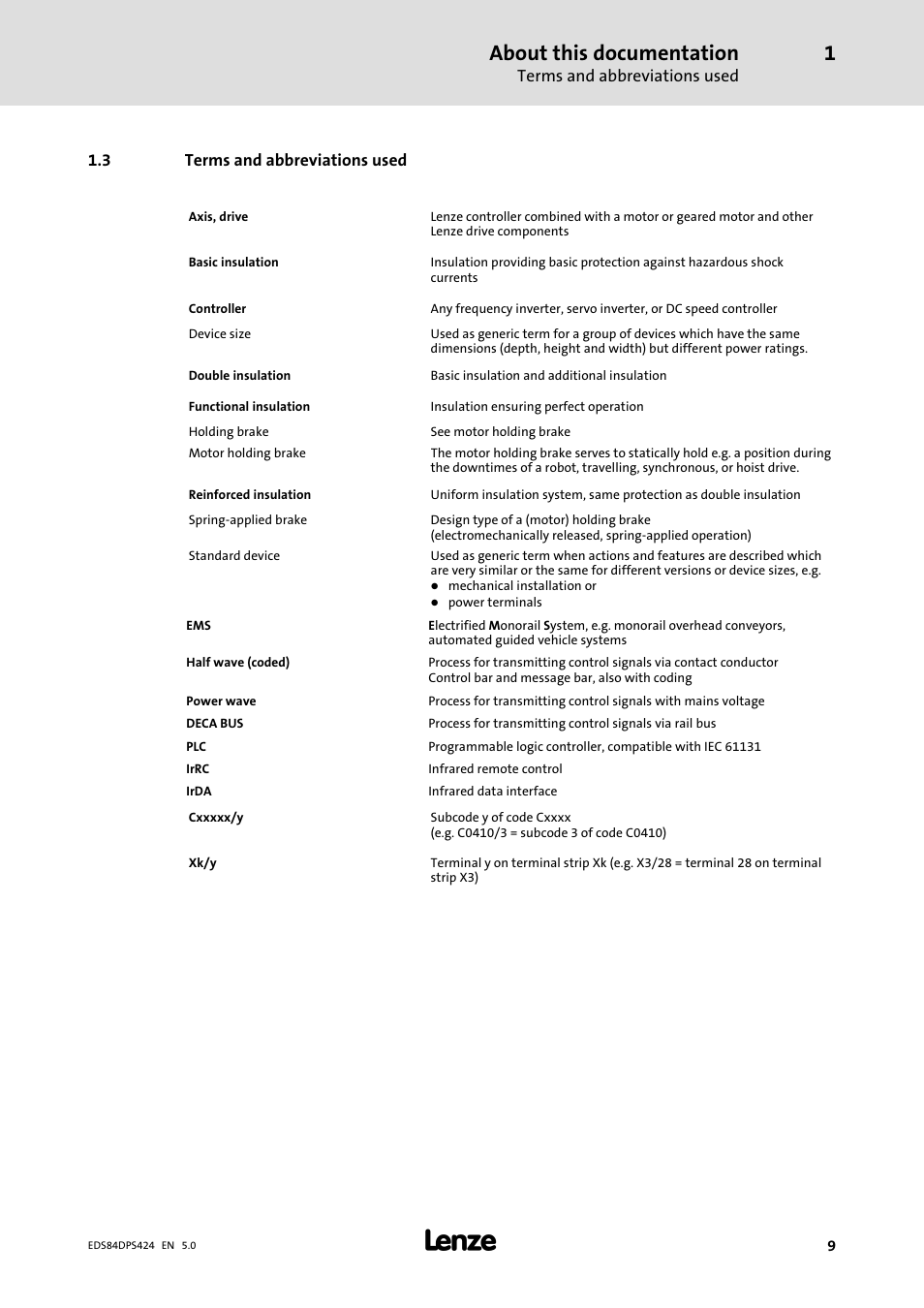 Terms and abbreviations used, About this documentation | Lenze 8400 protec Manual User Manual | Page 9 / 198