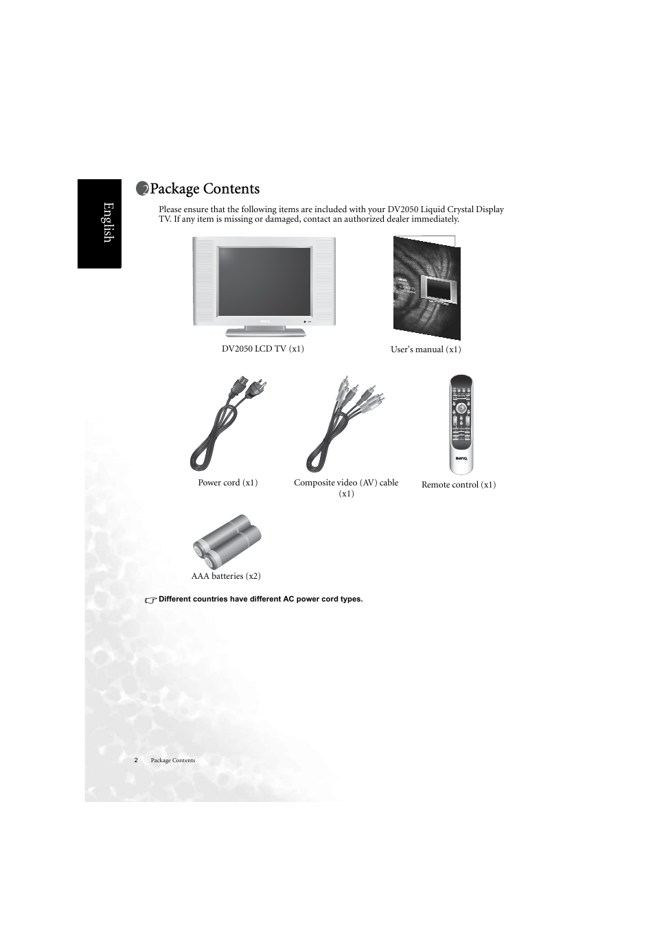 Package contents, Eng lish | BenQ DV2050 User Manual | Page 10 / 42