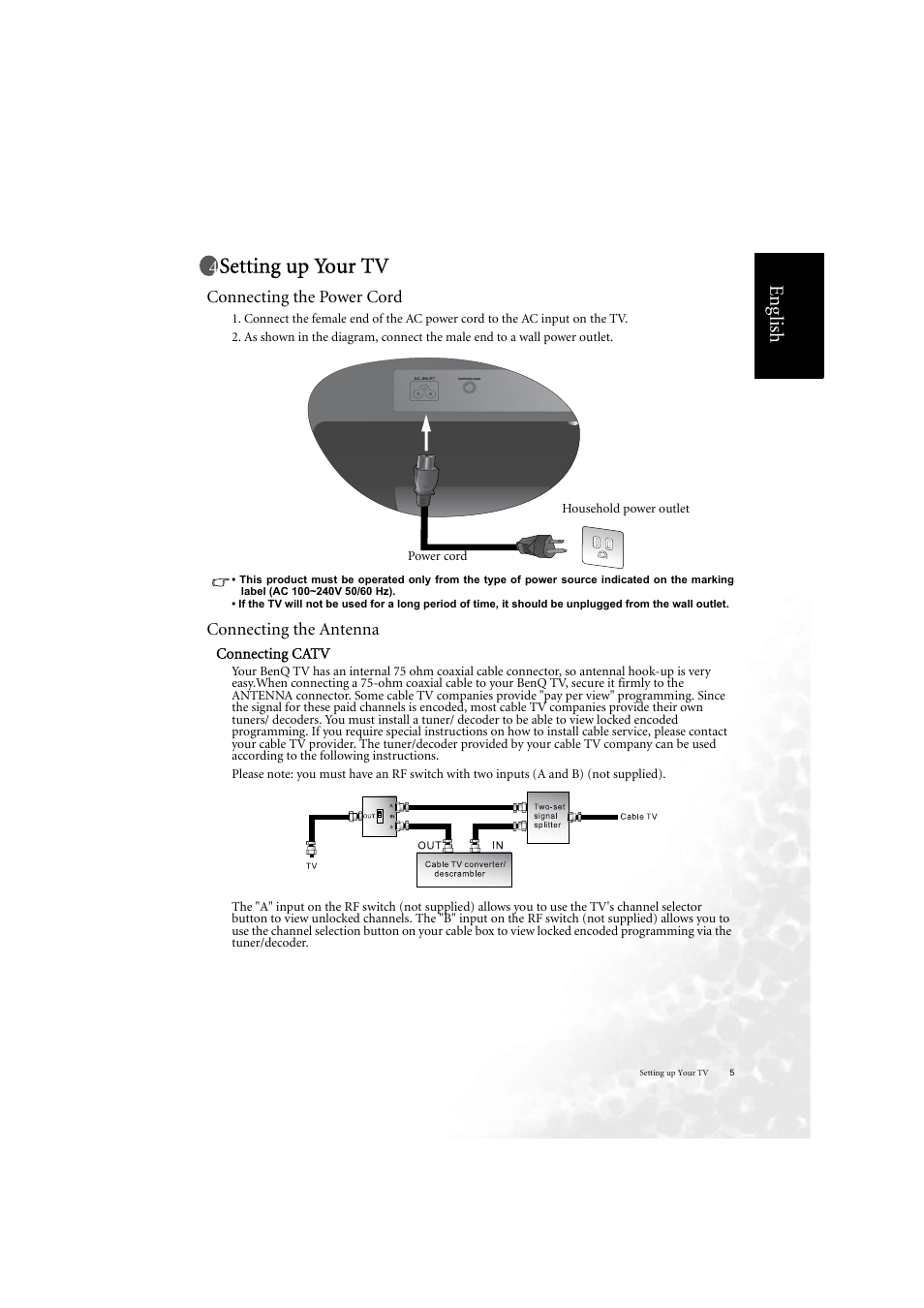 Setting up your tv, Eng lish, Connecting the power cord | Connecting the antenna | BenQ DV2050 User Manual | Page 13 / 42