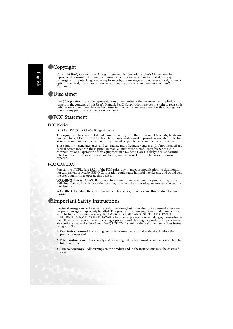 Copyright, Disclaimer, Fcc statement | Important safety instructions, Eng lish, Fcc notice, Fcc caution | BenQ DV2050 User Manual | Page 2 / 42