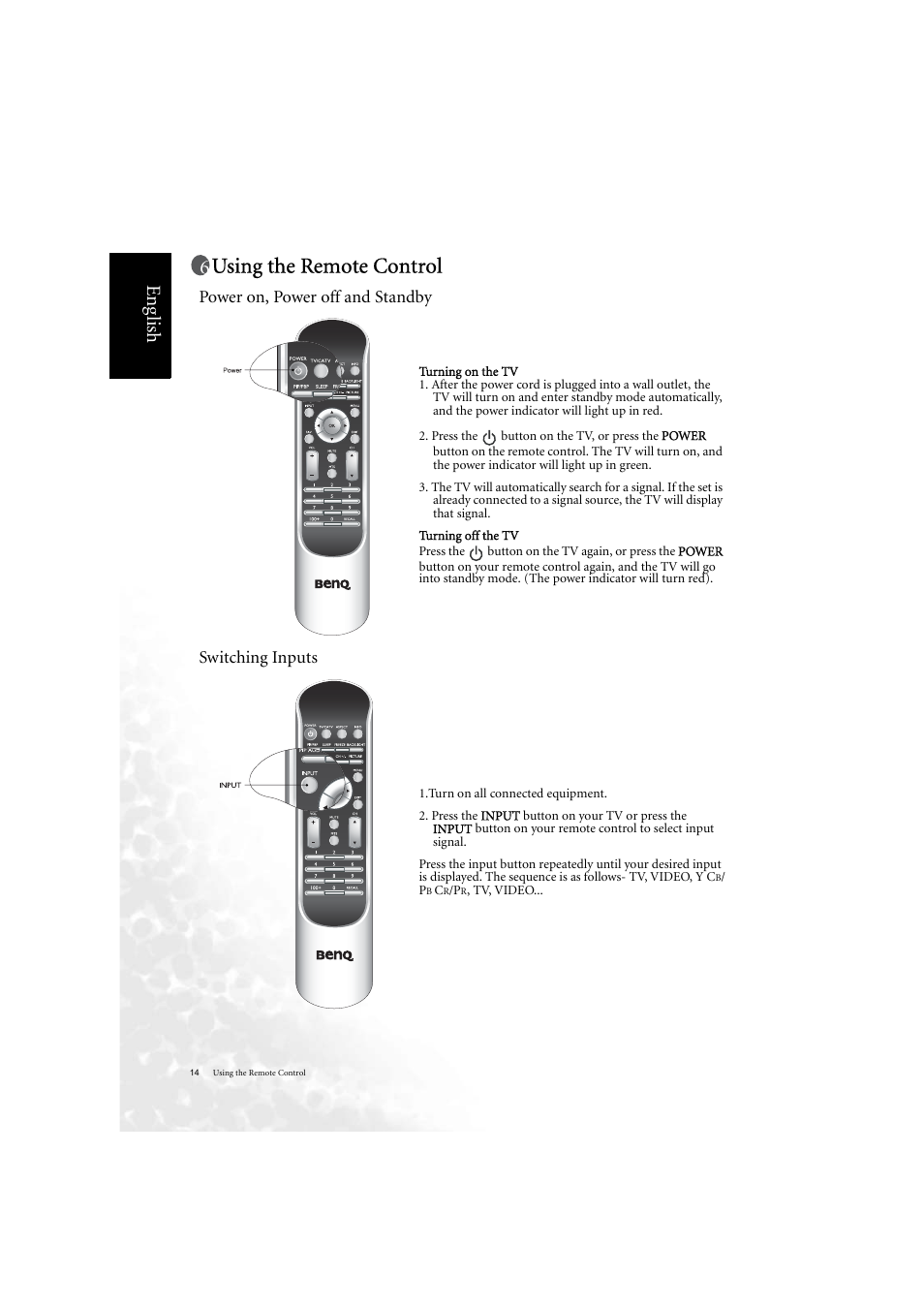 Using the remote control, Eng lish, Power on, power off and standby switching inputs | BenQ DV2050 User Manual | Page 22 / 42