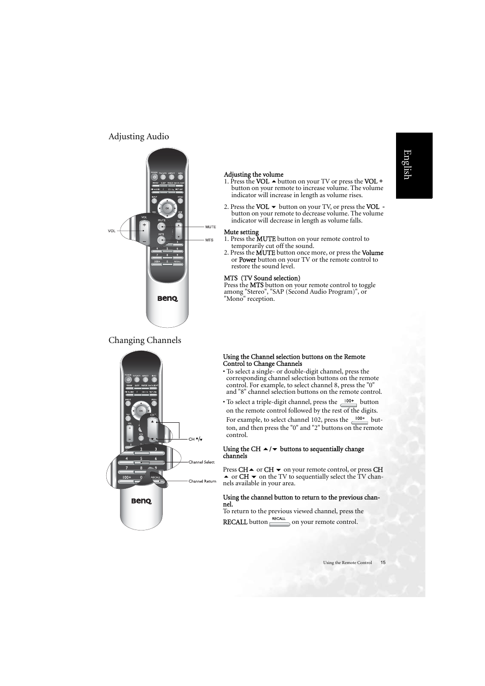 Eng lish, Adjusting audio changing channels | BenQ DV2050 User Manual | Page 23 / 42