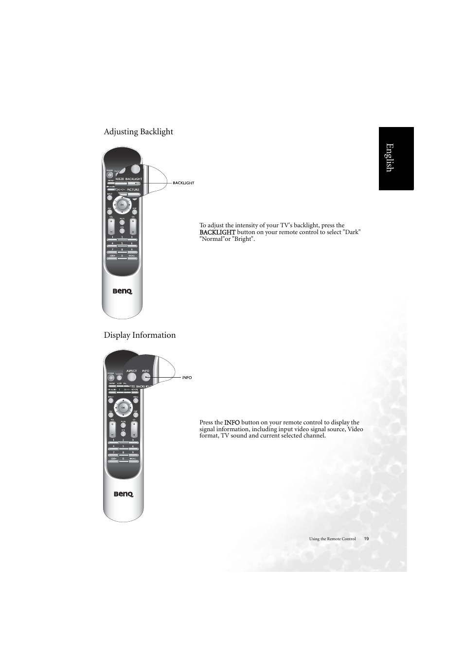 Eng lish, Adjusting backlight display information | BenQ DV2050 User Manual | Page 27 / 42