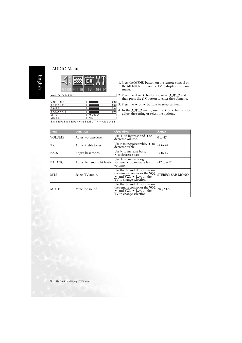 Eng lish, Audio menu | BenQ DV2050 User Manual | Page 30 / 42
