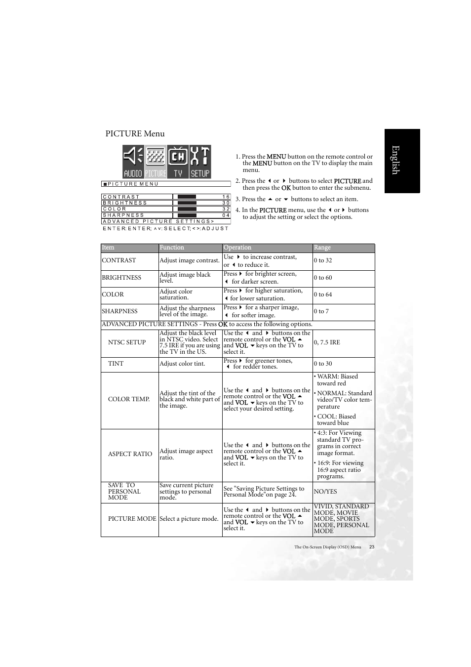 Eng lish, Picture menu | BenQ DV2050 User Manual | Page 31 / 42