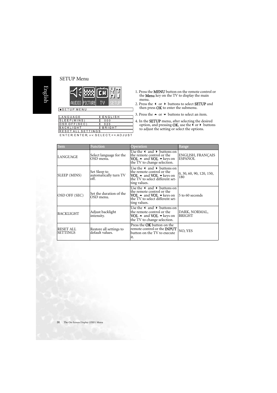 Eng lish, Setup menu | BenQ DV2050 User Manual | Page 38 / 42