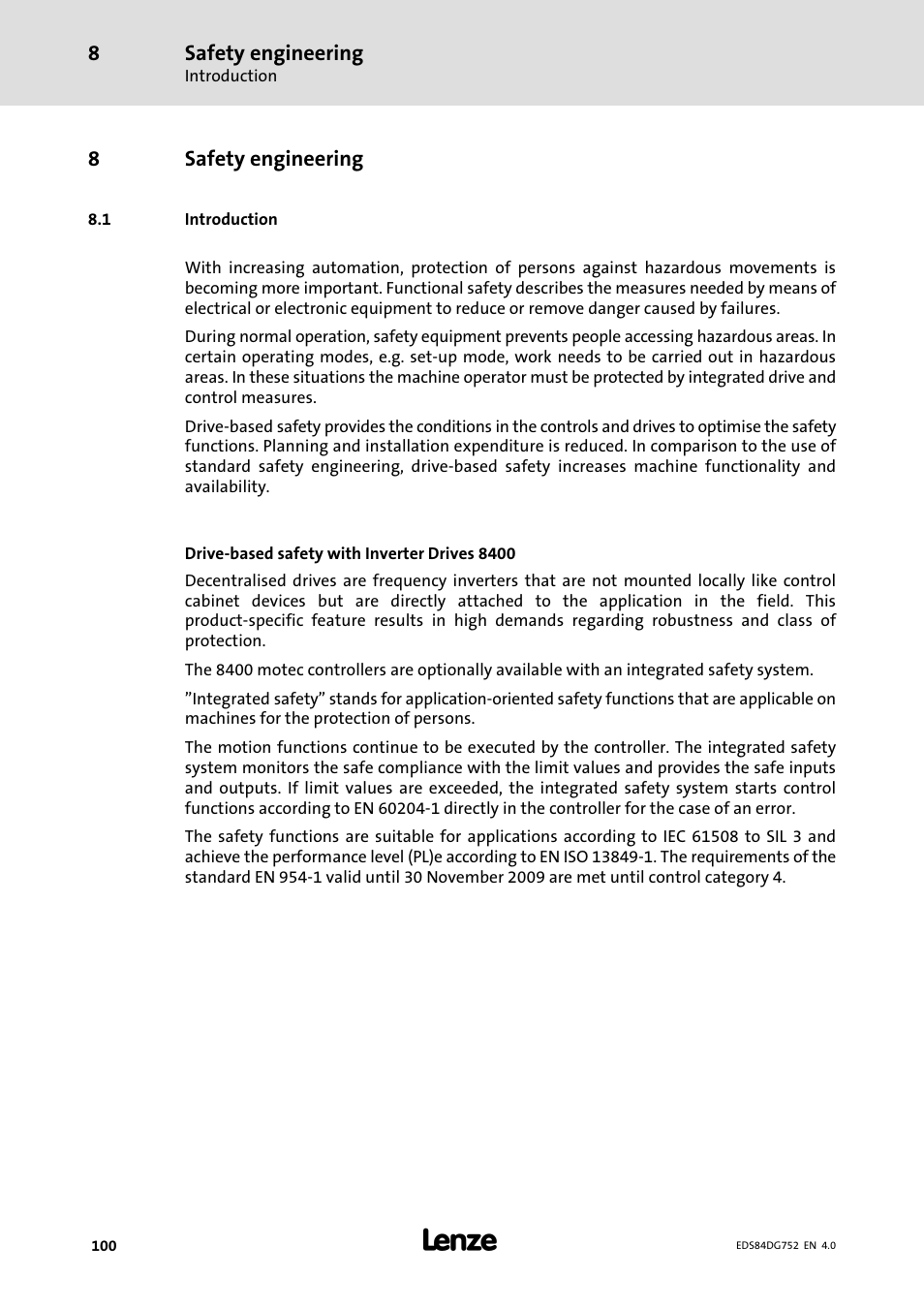 8 safety engineering, 1 introduction, Safety engineering | Introduction, 8safety engineering | Lenze 8400 motec Manual User Manual | Page 100 / 121