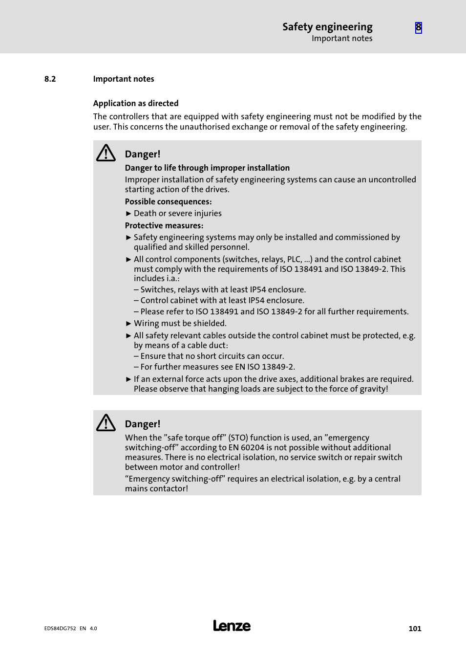 2 important notes, Important notes, Safety engineering | Lenze 8400 motec Manual User Manual | Page 101 / 121