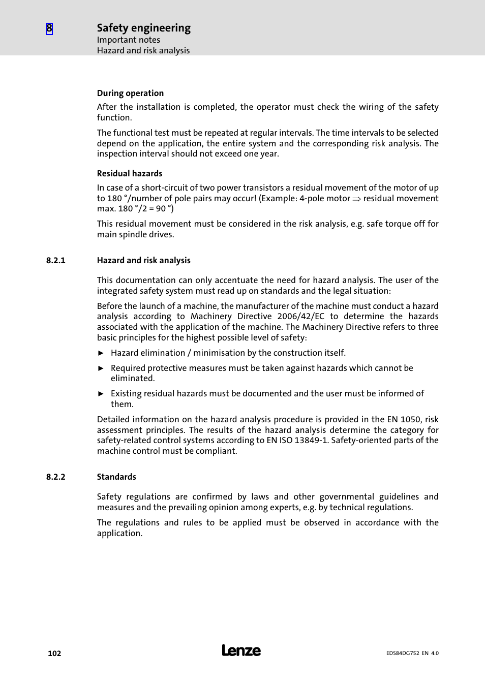 1 hazard and risk analysis, 2 standards, Hazard and risk analysis | Standards, Safety engineering | Lenze 8400 motec Manual User Manual | Page 102 / 121