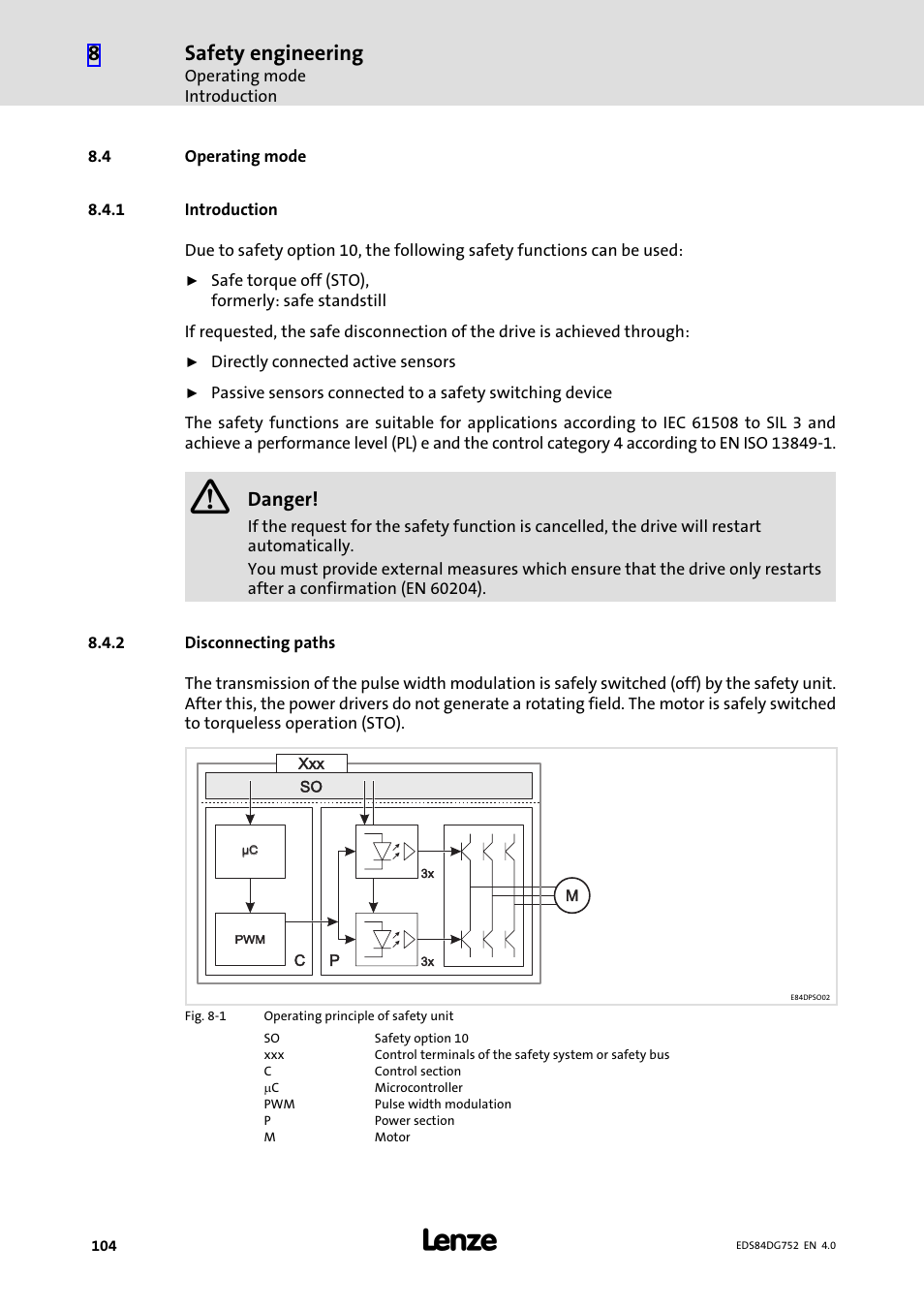 4 operating mode, 1 introduction, 2 disconnecting paths | Operating mode, Introduction, Disconnecting paths, Safety engineering, Danger | Lenze 8400 motec Manual User Manual | Page 104 / 121