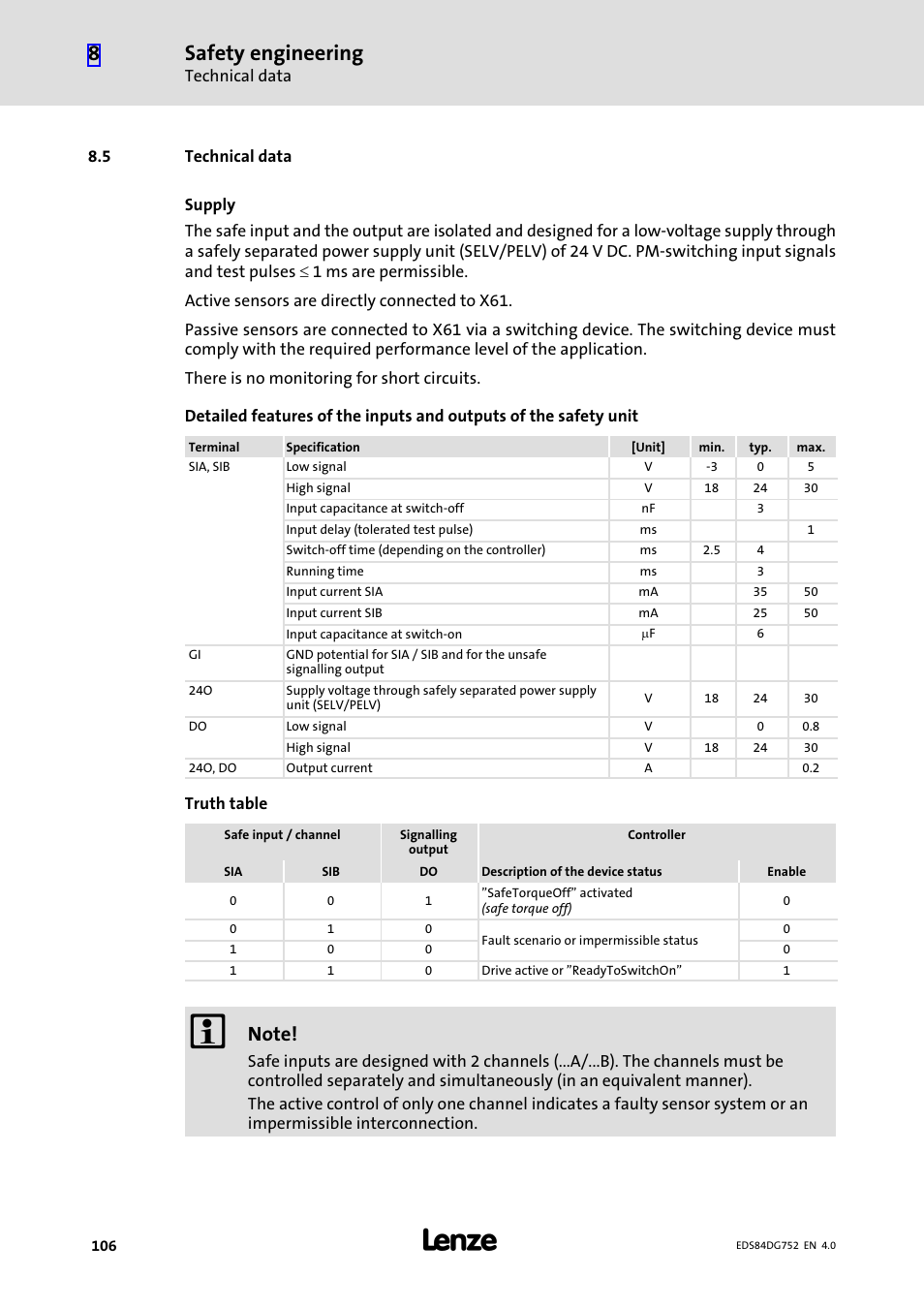 5 technical data, Technical data, Safety engineering | Lenze 8400 motec Manual User Manual | Page 106 / 121