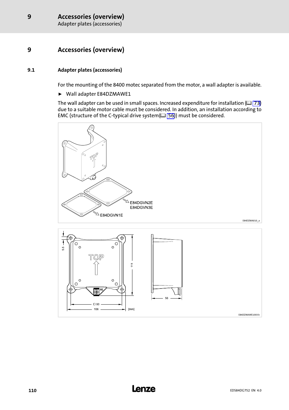 9 accessories (overview), 1 adapter plates (accessories), Accessories (overview) | Adapter plates (accessories), 9accessories (overview) | Lenze 8400 motec Manual User Manual | Page 110 / 121