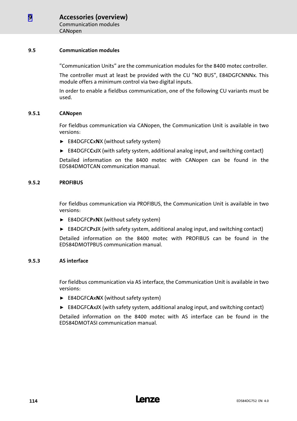 5 communication modules, 1 canopen, 2 profibus | 3 as interface, Communication modules, Canopen, Profibus, As interface, Accessories (overview) | Lenze 8400 motec Manual User Manual | Page 114 / 121