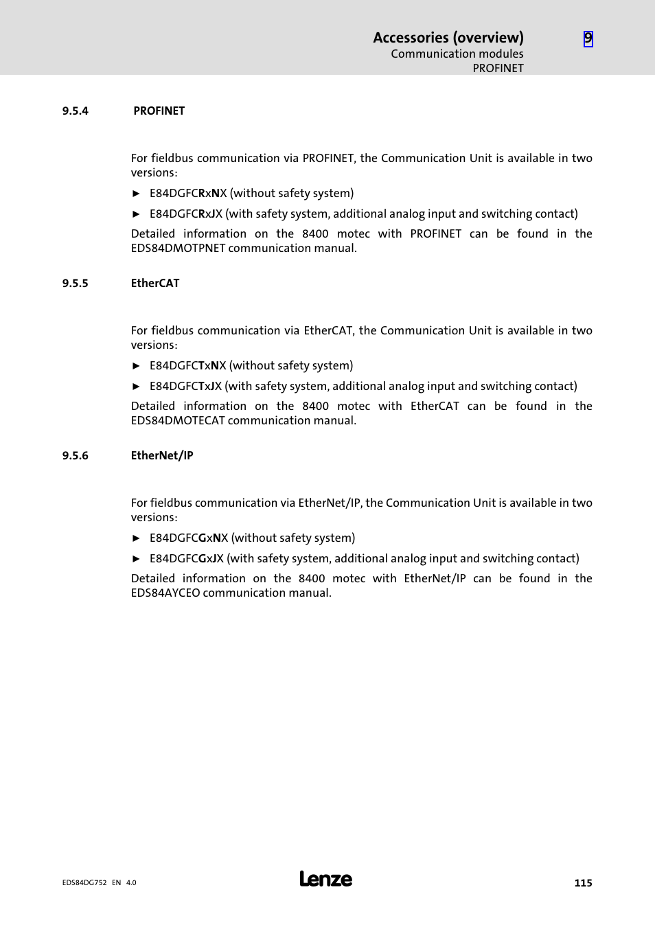 4 profinet, 5 ethercat, 6 ethernet/ip | Profinet, Ethercat, Ethernet/ip, Accessories (overview) | Lenze 8400 motec Manual User Manual | Page 115 / 121