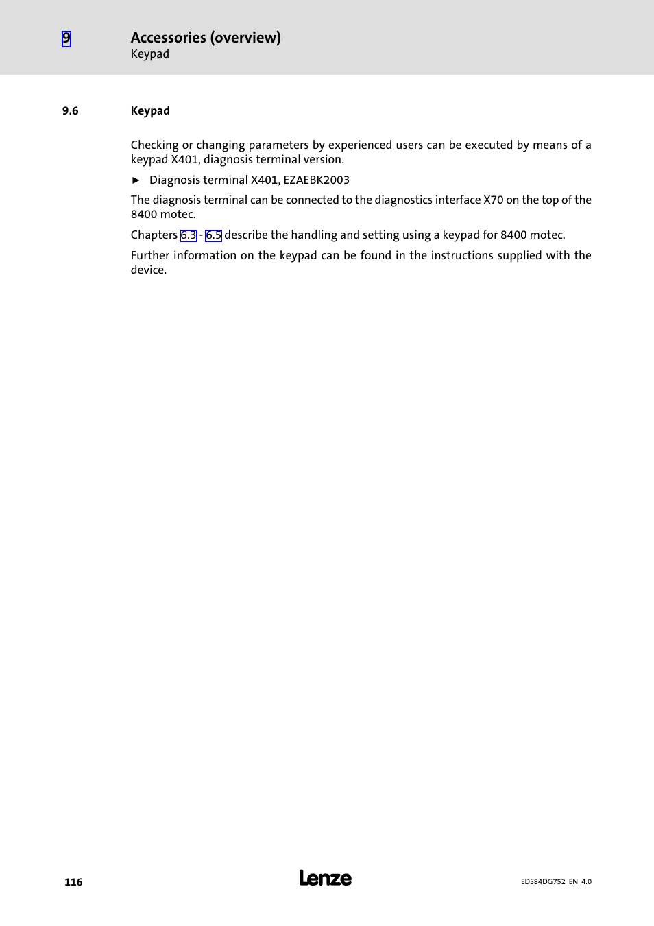 6 keypad, Keypad, Accessories (overview) | Lenze 8400 motec Manual User Manual | Page 116 / 121