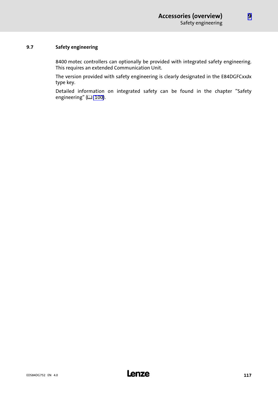 7 safety engineering, Safety engineering, Accessories (overview) | Lenze 8400 motec Manual User Manual | Page 117 / 121