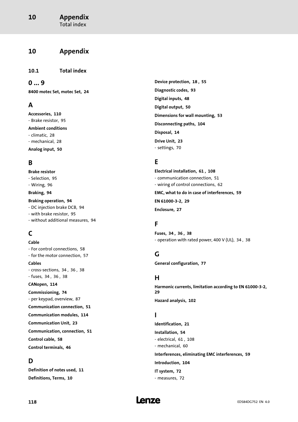 10 appendix, 1 total index, Appendix | Lenze 8400 motec Manual User Manual | Page 118 / 121
