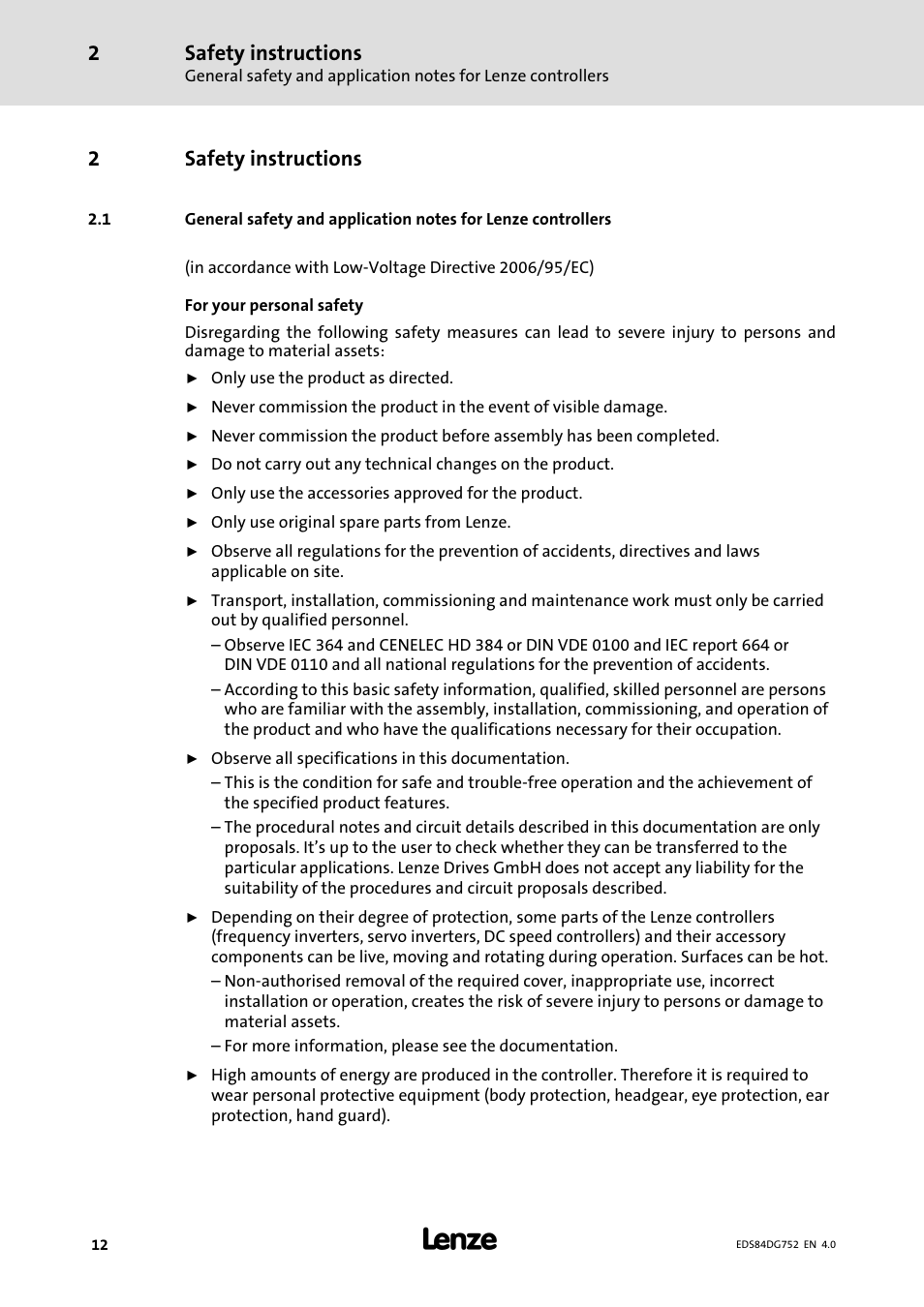 2 safety instructions, Safety instructions, 2safety instructions | Lenze 8400 motec Manual User Manual | Page 12 / 121