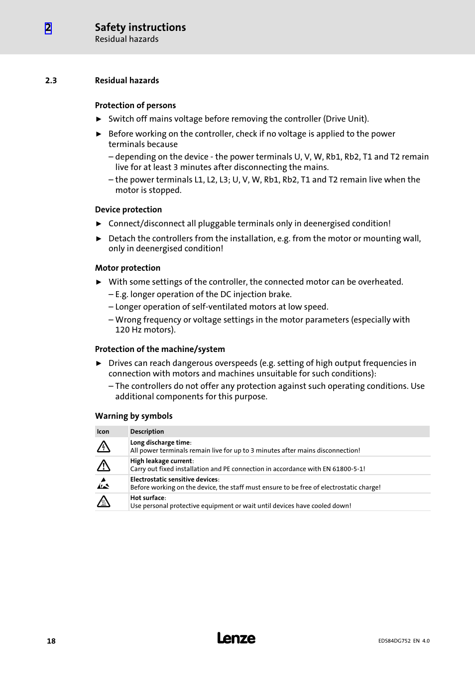 3 residual hazards, Residual hazards, Safety instructions | Lenze 8400 motec Manual User Manual | Page 18 / 121