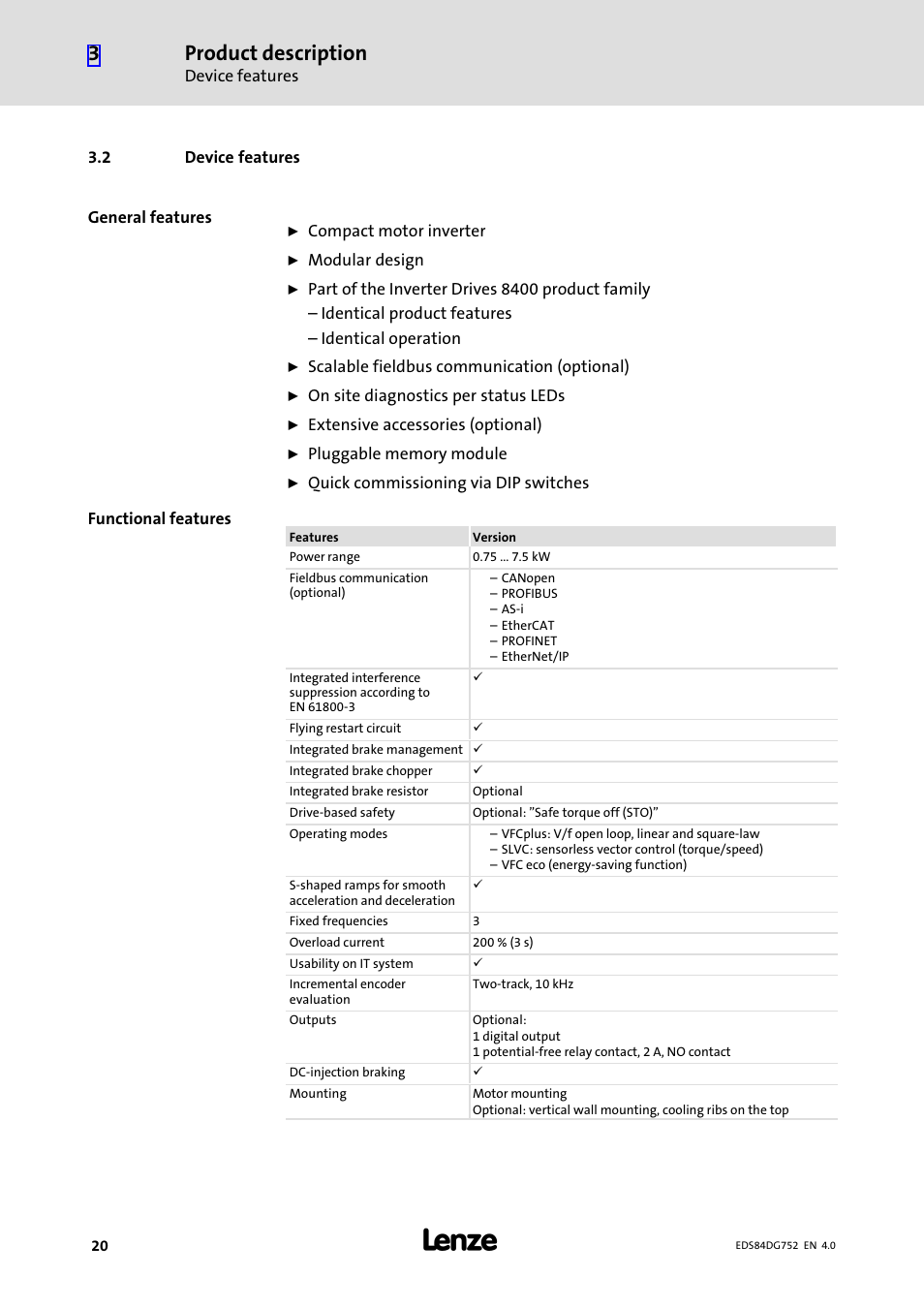 2 device features, Device features, Product description | Lenze 8400 motec Manual User Manual | Page 20 / 121