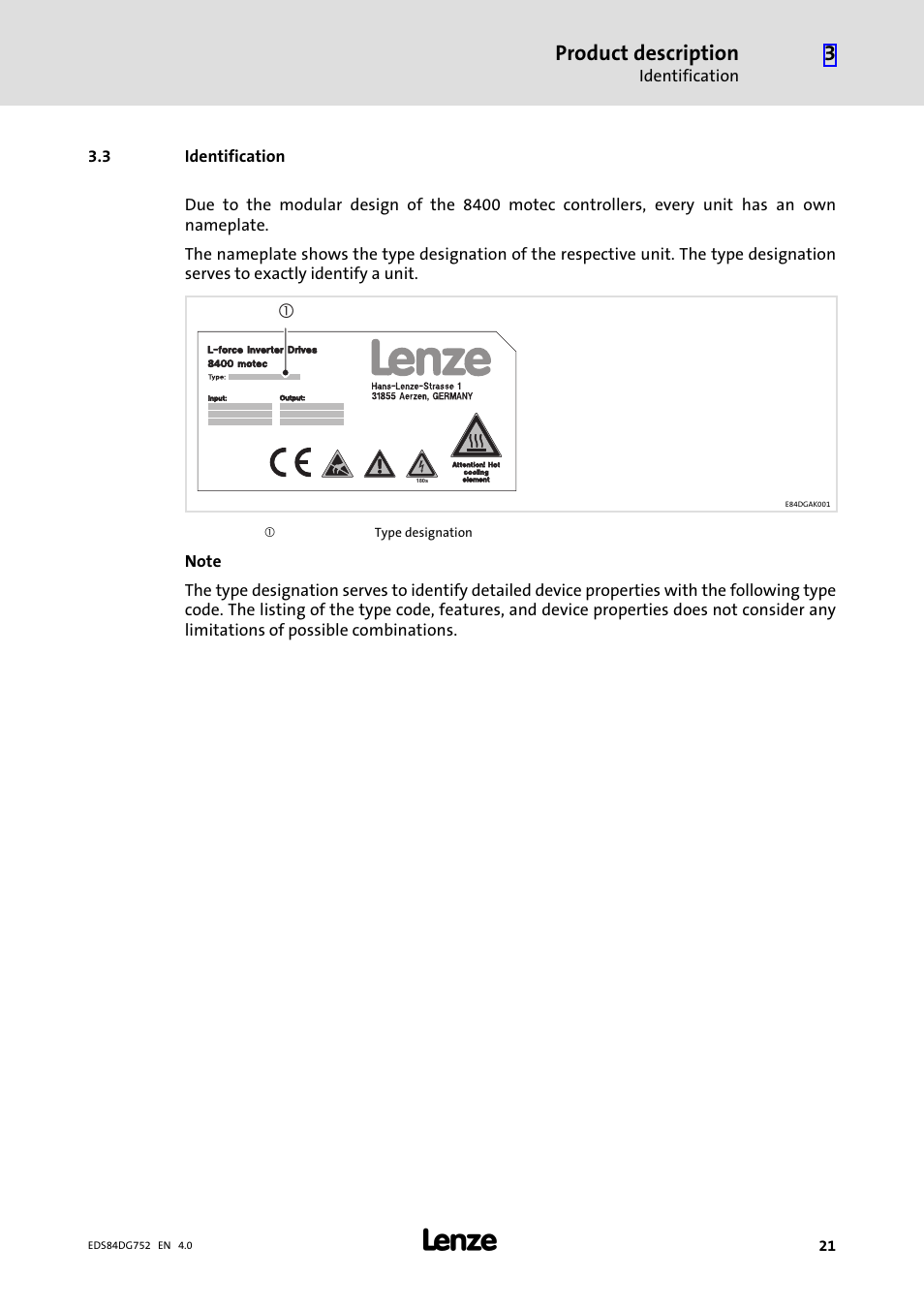 3 identification, Identification, Product description | Lenze 8400 motec Manual User Manual | Page 21 / 121