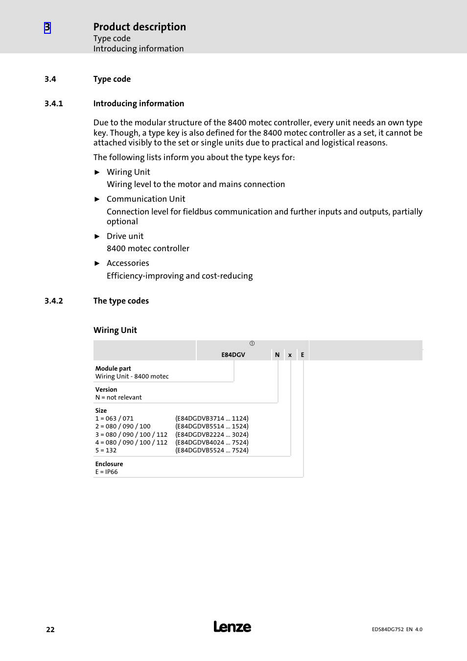 4 type code, 1 introducing information, 2 the type codes | Type code, Introducing information, The type codes, Product description | Lenze 8400 motec Manual User Manual | Page 22 / 121