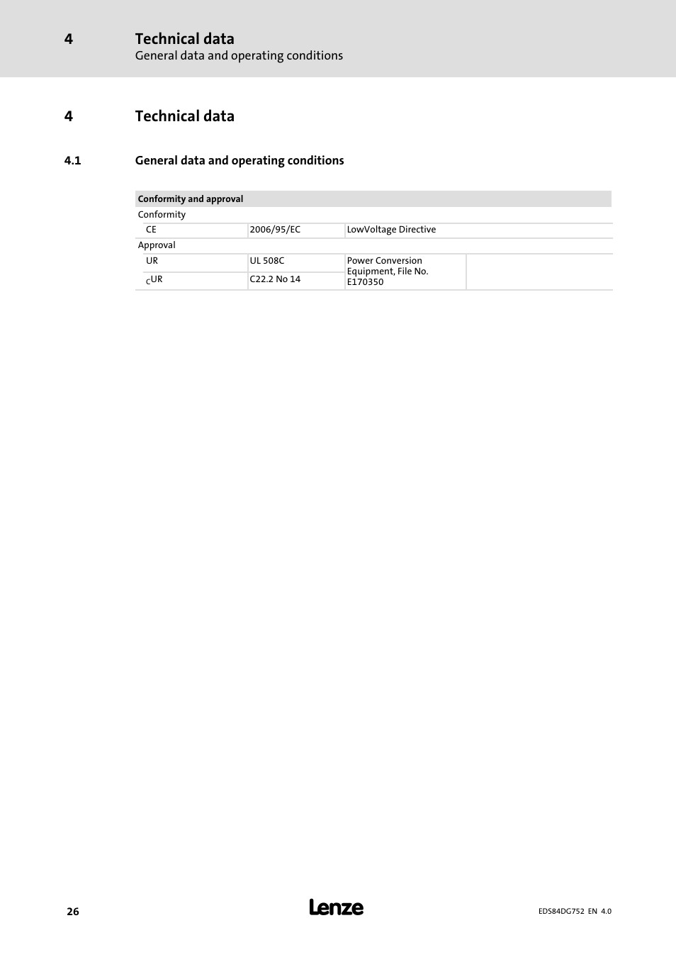 4 technical data, 1 general data and operating conditions, Technical data | General data and operating conditions, 4technical data | Lenze 8400 motec Manual User Manual | Page 26 / 121