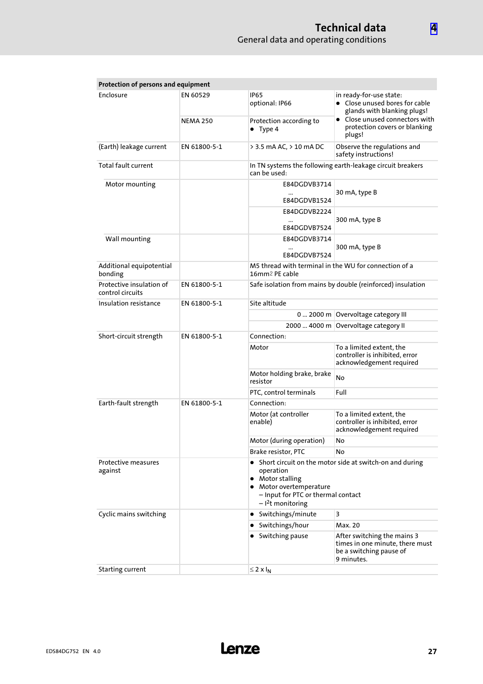 Technical data, General data and operating conditions | Lenze 8400 motec Manual User Manual | Page 27 / 121