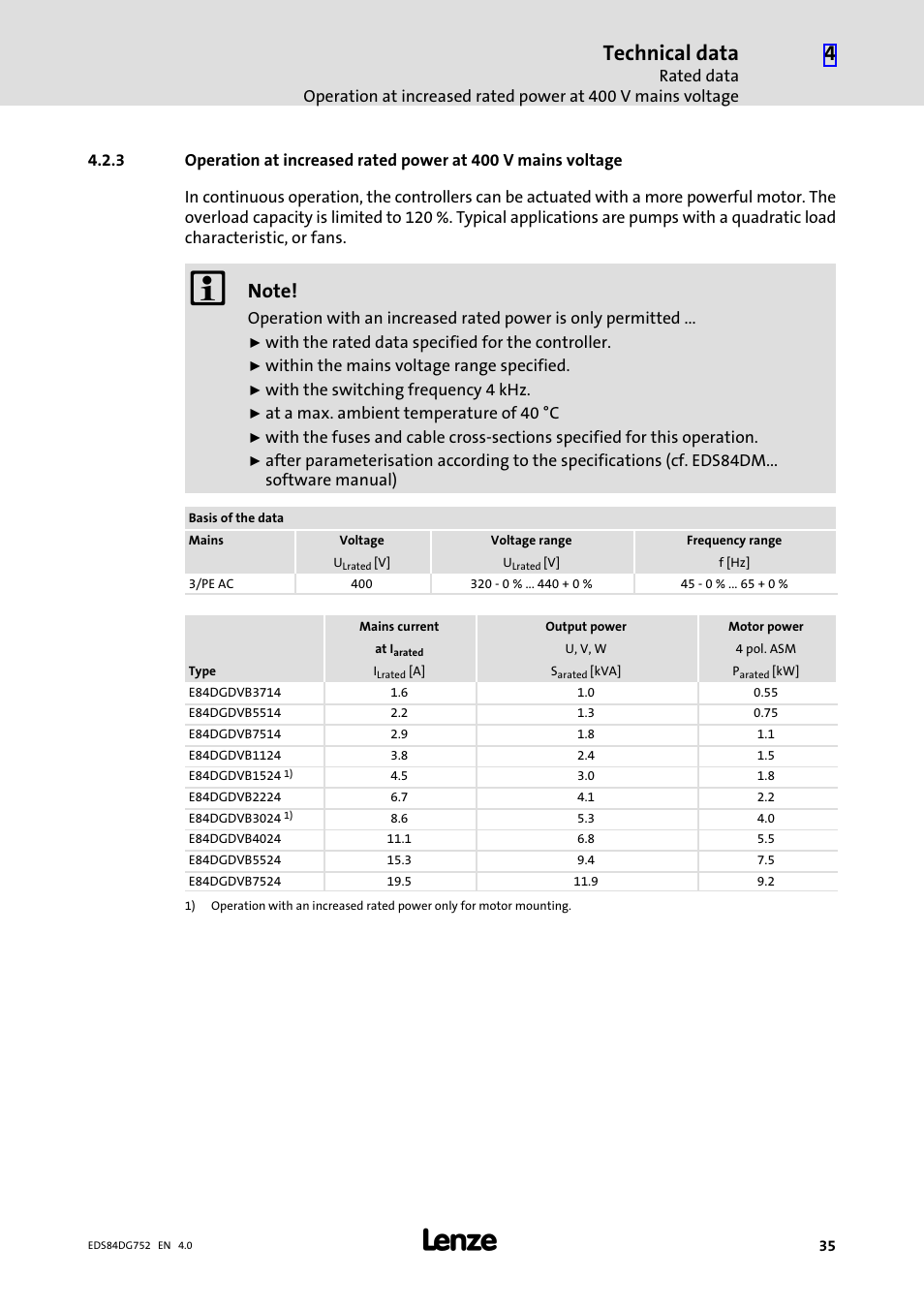 Technical data | Lenze 8400 motec Manual User Manual | Page 35 / 121
