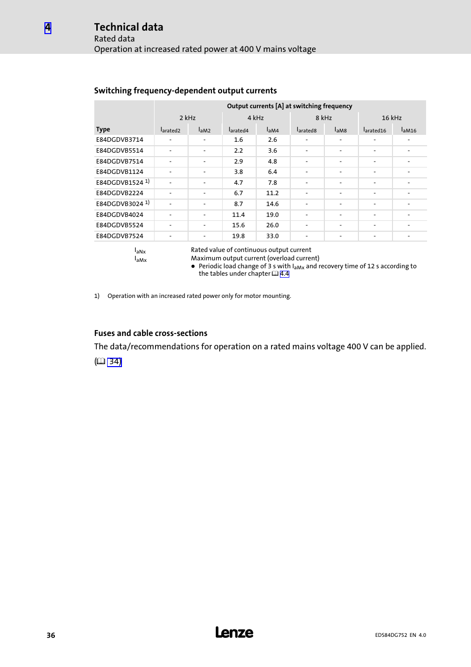 Technical data, Switching frequency−dependent output currents | Lenze 8400 motec Manual User Manual | Page 36 / 121