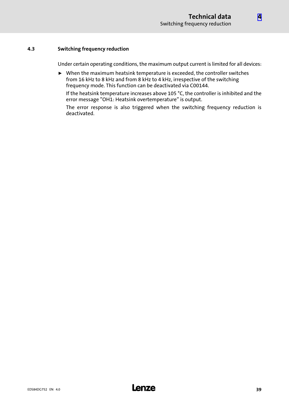 3 switching frequency reduction, Switching frequency reduction, Technical data | Lenze 8400 motec Manual User Manual | Page 39 / 121