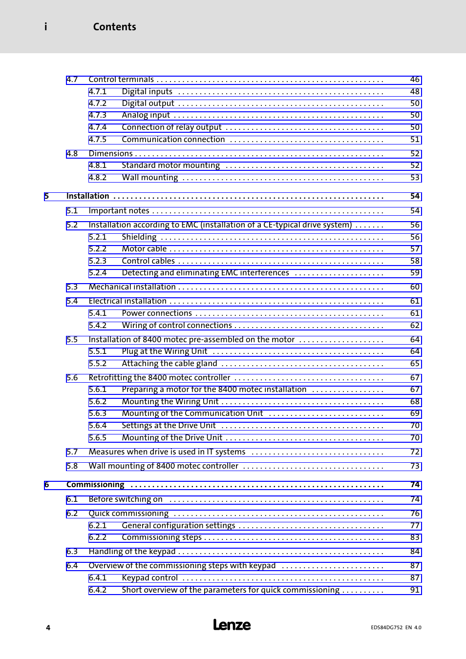 Contents i | Lenze 8400 motec Manual User Manual | Page 4 / 121