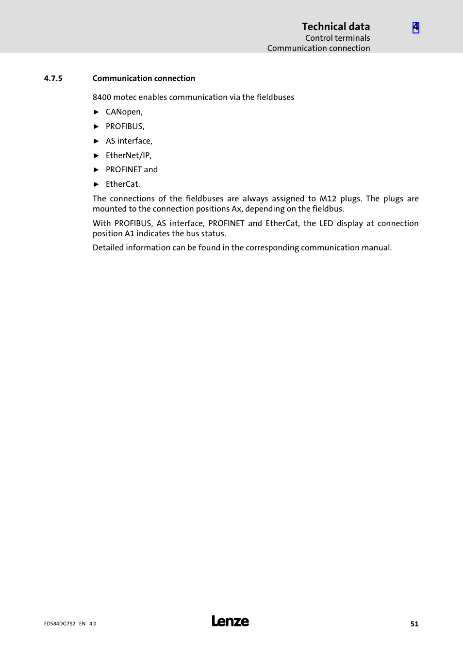 5 communication connection, Communication connection, Technical data | Lenze 8400 motec Manual User Manual | Page 51 / 121