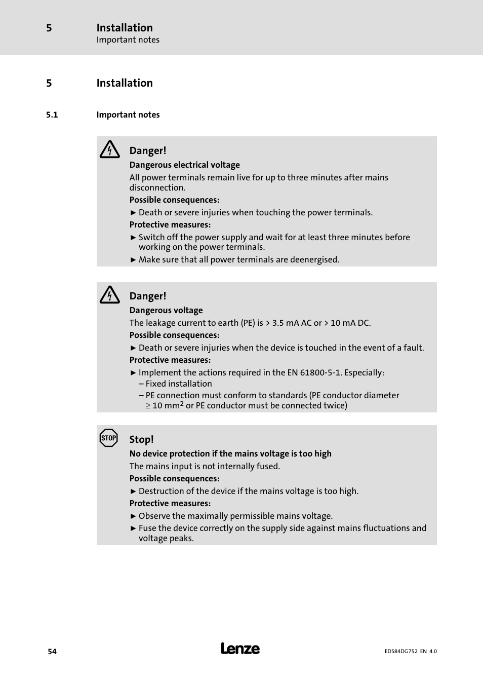 5 installation, 1 important notes, Installation | Important notes | Lenze 8400 motec Manual User Manual | Page 54 / 121