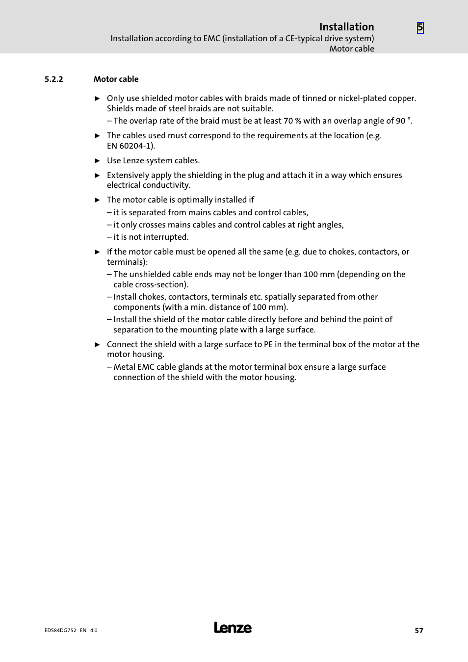 2 motor cable, Motor cable, Installation | Lenze 8400 motec Manual User Manual | Page 57 / 121