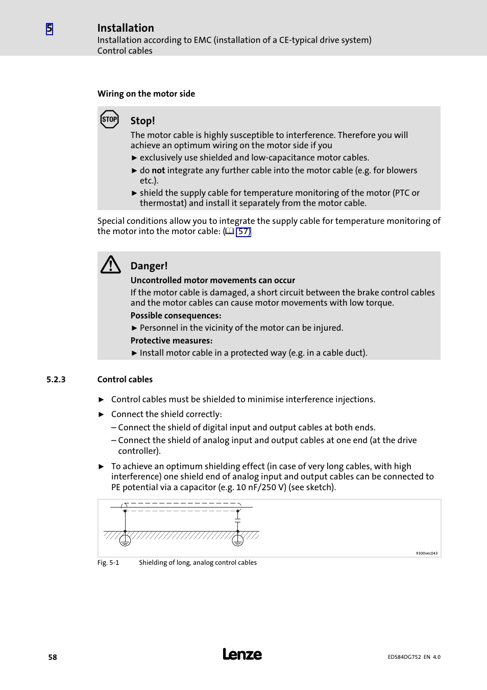 3 control cables, Control cables, Installation | Lenze 8400 motec Manual User Manual | Page 58 / 121