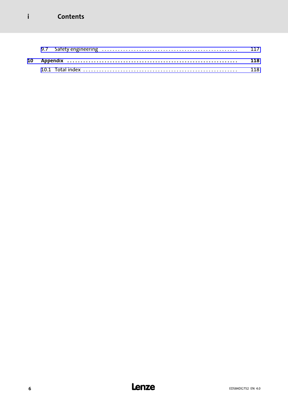 Contents i | Lenze 8400 motec Manual User Manual | Page 6 / 121