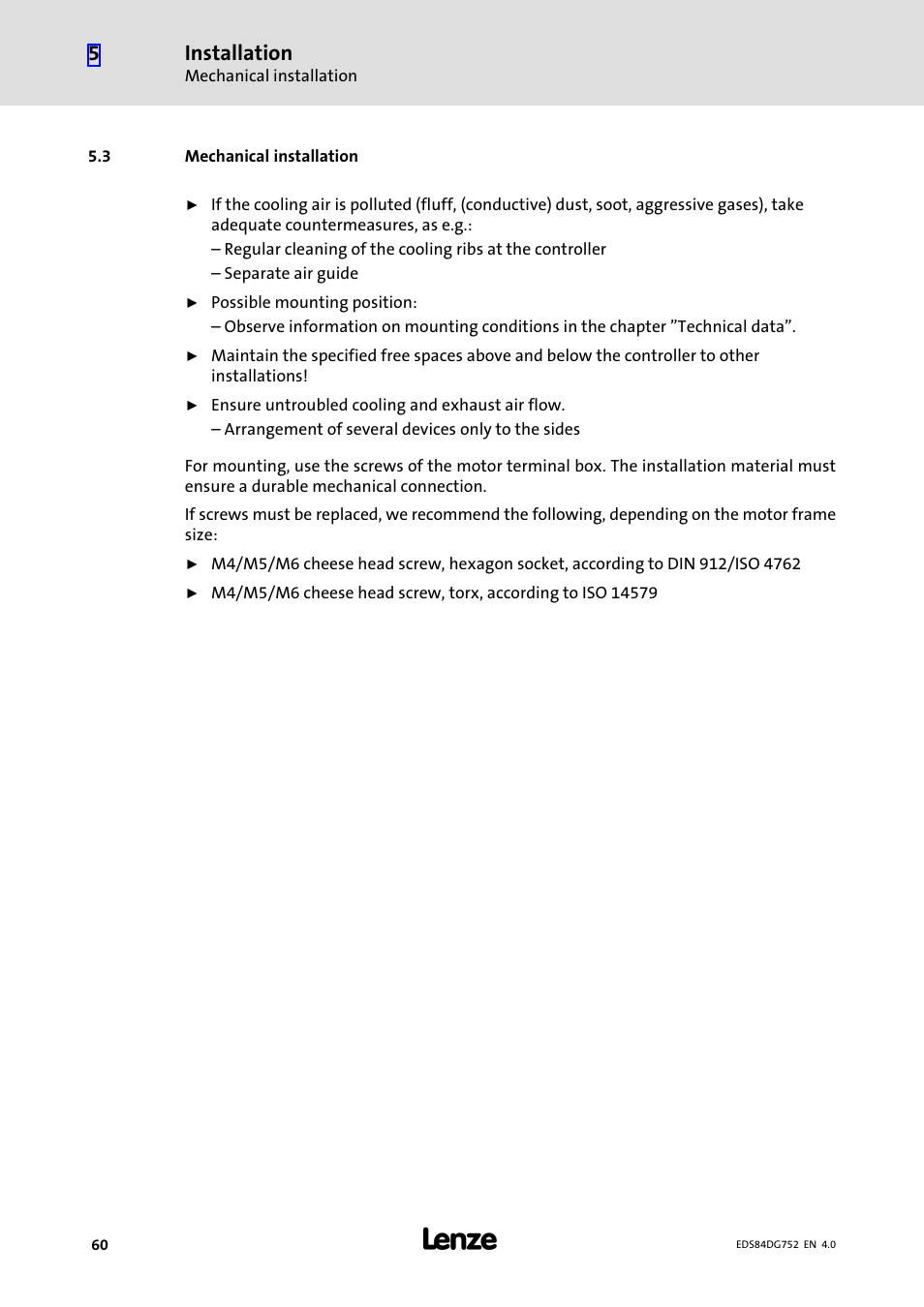 3 mechanical installation, Mechanical installation, Installation | Lenze 8400 motec Manual User Manual | Page 60 / 121