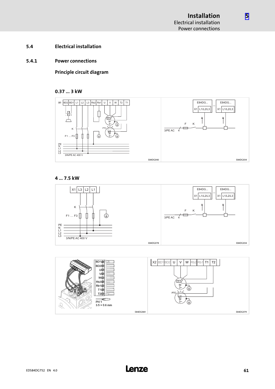 4 electrical installation, 1 power connections, Electrical installation | Power connections, Installation, Electrical installation power connections, 4 kw | Lenze 8400 motec Manual User Manual | Page 61 / 121