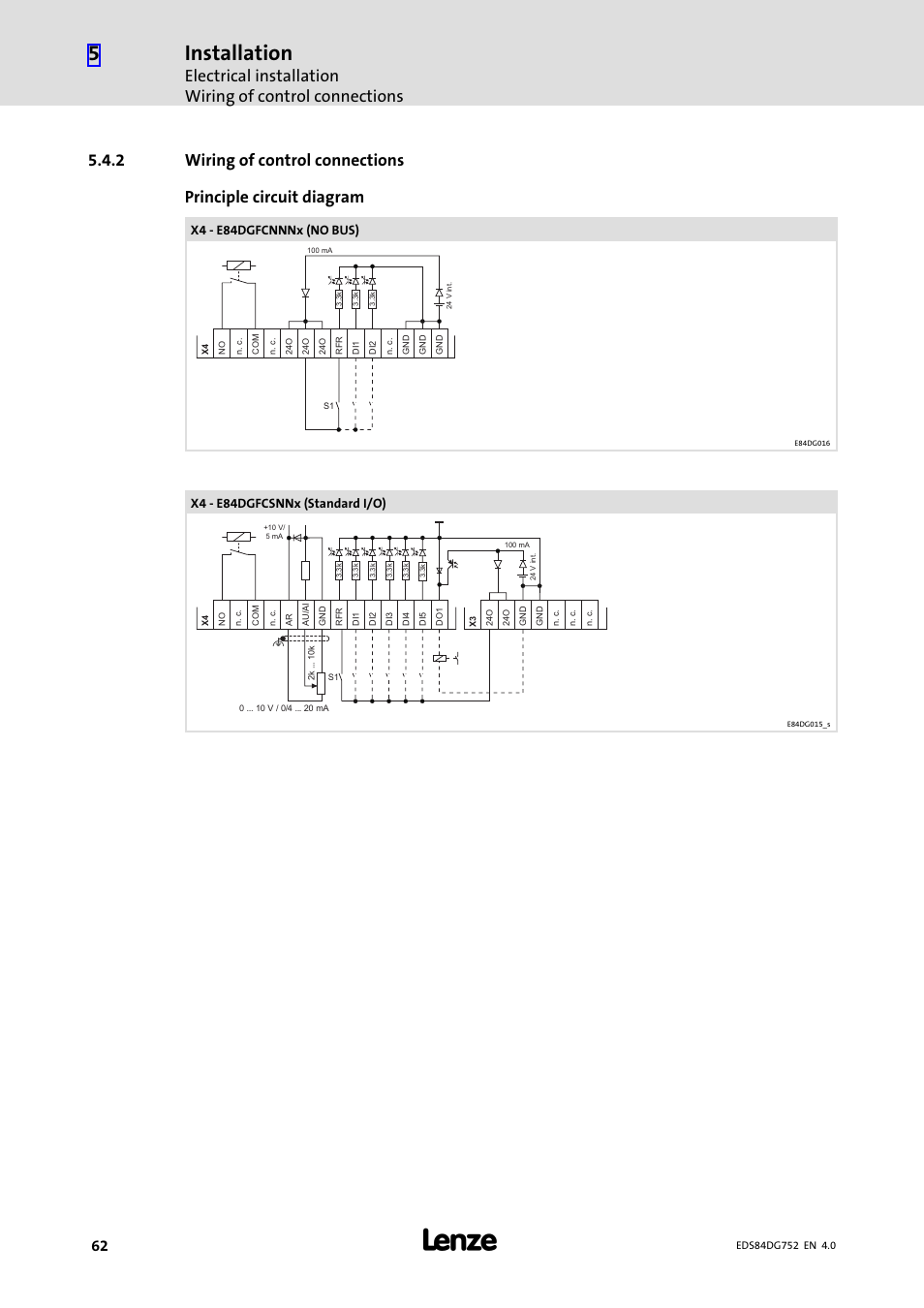2 wiring of control connections, Wiring of control connections, Installation | X4 − e84dgfcnnnx (no bus), X4 − e84dgfcsnnx (standard i/o) | Lenze 8400 motec Manual User Manual | Page 62 / 121