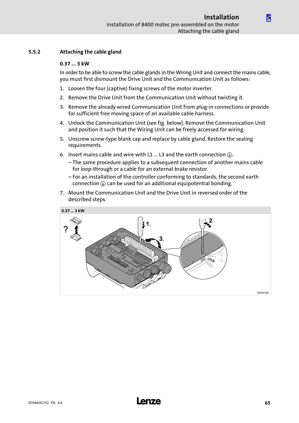 2 attaching the cable gland, Attaching the cable gland, Installation | Lenze 8400 motec Manual User Manual | Page 65 / 121