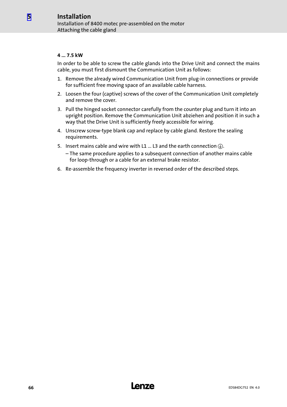 Installation | Lenze 8400 motec Manual User Manual | Page 66 / 121