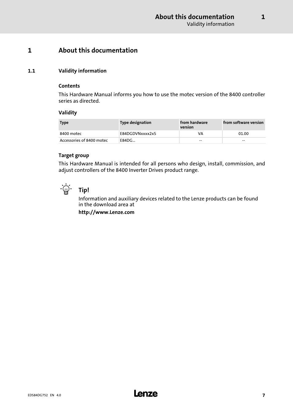 1 about this documentation, 1 validity information, About this documentation | Validity information, 1about this documentation | Lenze 8400 motec Manual User Manual | Page 7 / 121