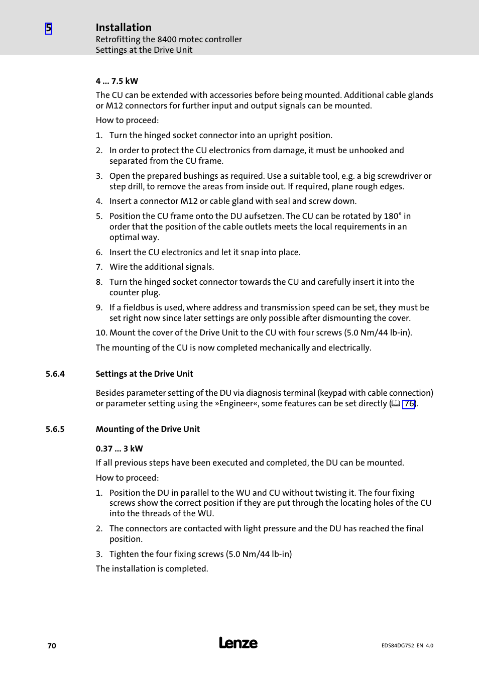 4 settings at the drive unit, 5 mounting of the drive unit, Settings at the drive unit | Mounting of the drive unit, Installation | Lenze 8400 motec Manual User Manual | Page 70 / 121