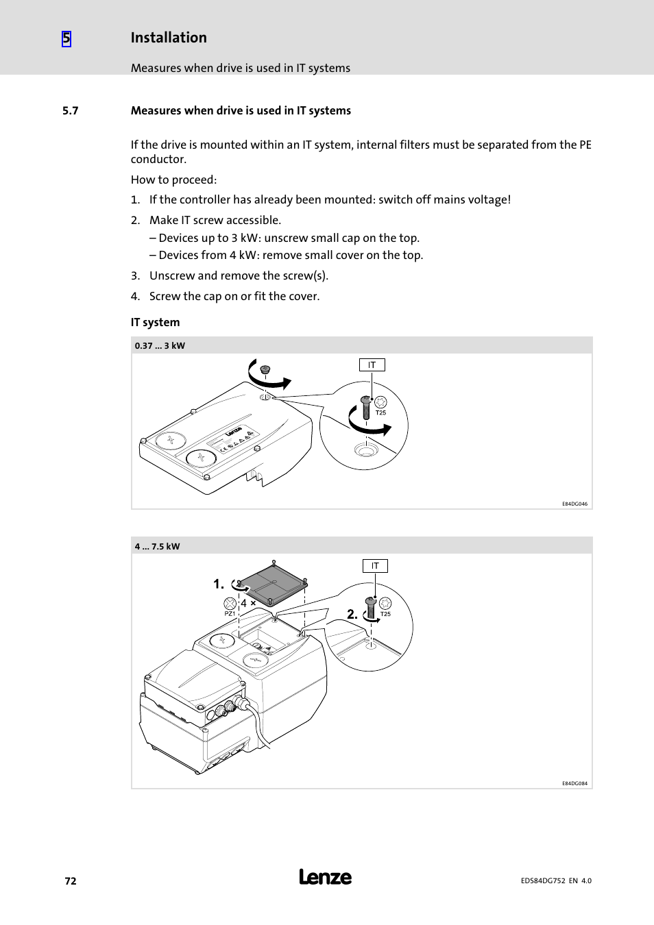 7 measures when drive is used in it systems, Measures when drive is used in it systems, Installation | Lenze 8400 motec Manual User Manual | Page 72 / 121