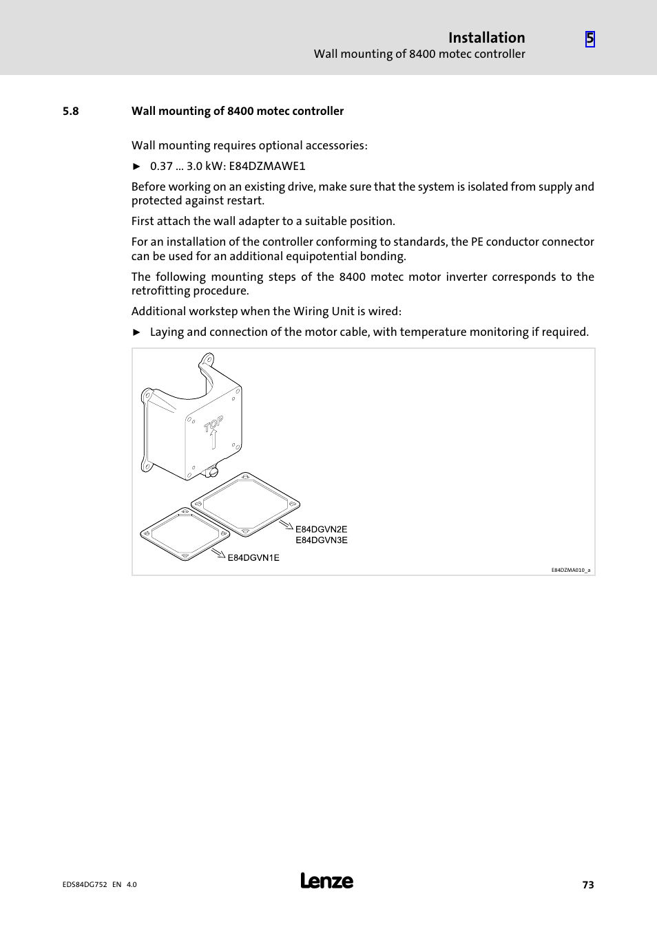 8 wall mounting of 8400 motec controller, Wall mounting of 8400 motec controller, Installation | Lenze 8400 motec Manual User Manual | Page 73 / 121