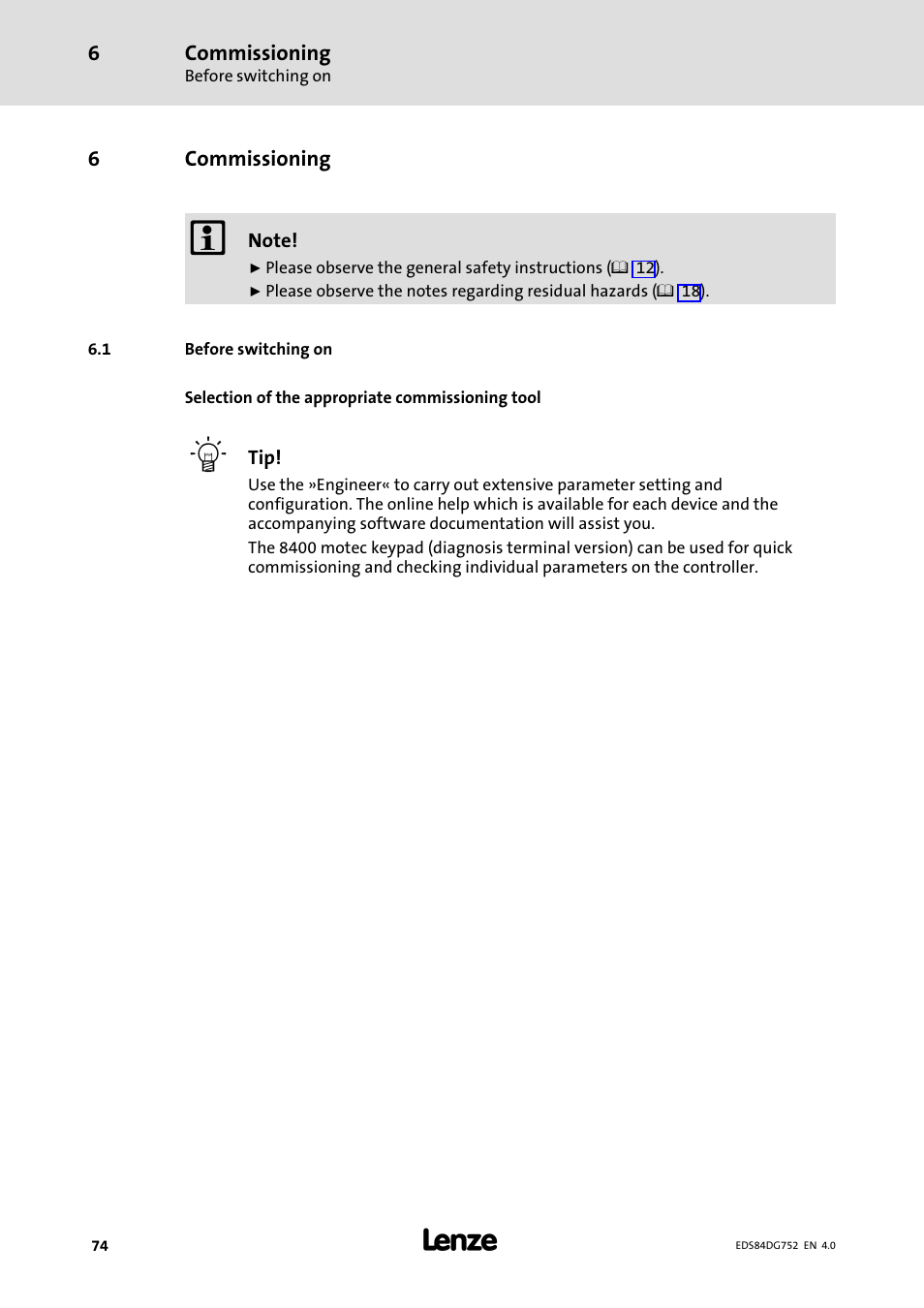 6 commissioning, 1 before switching on, Commissioning | Before switching on | Lenze 8400 motec Manual User Manual | Page 74 / 121