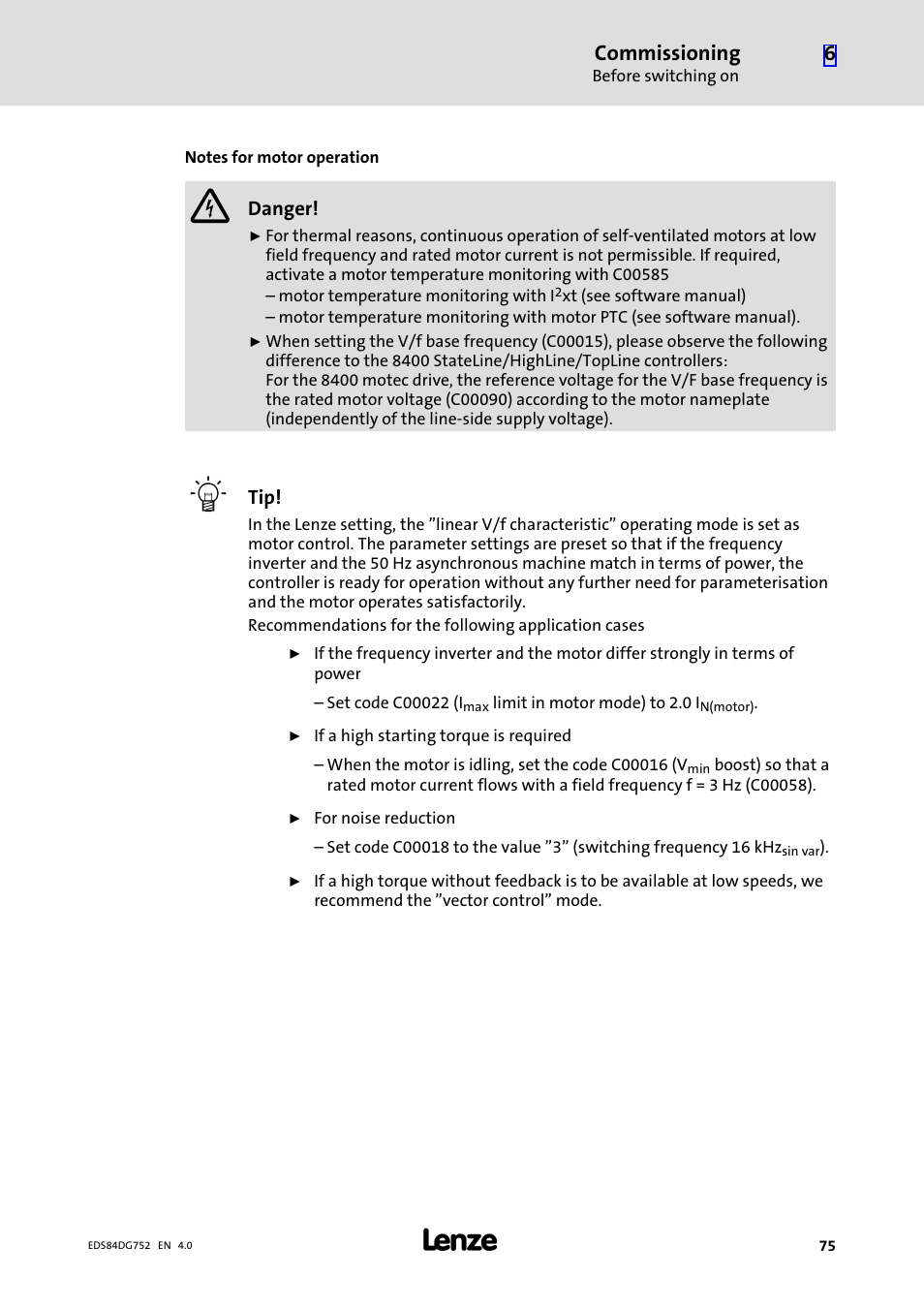 Commissioning | Lenze 8400 motec Manual User Manual | Page 75 / 121